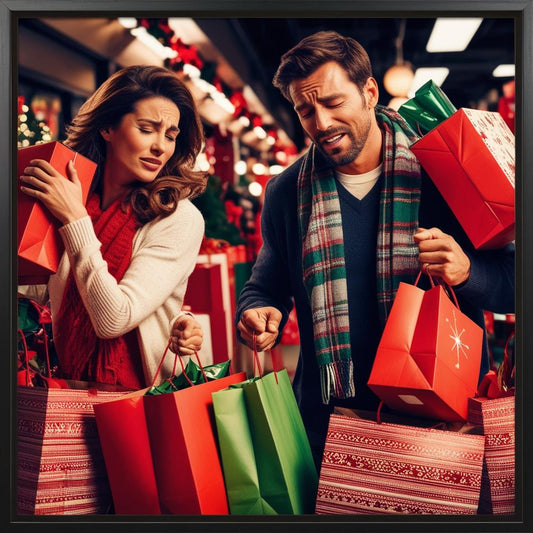 Man and Woman Christmas Shopping, Bags, Busy, Tired