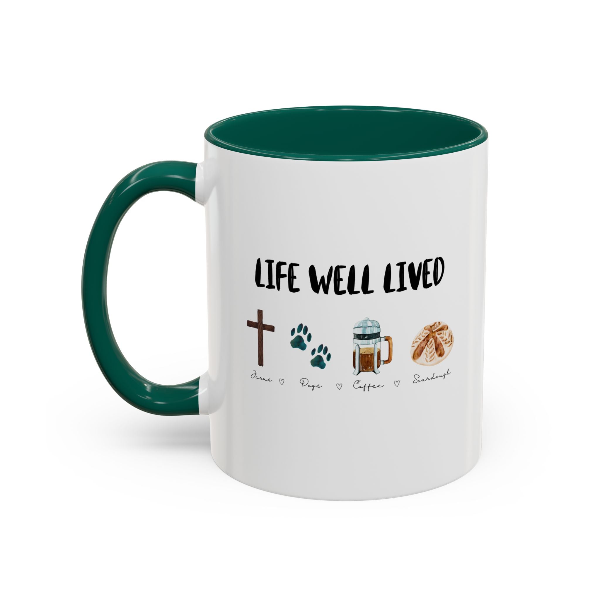 Life Well Lived: Jesus, Dogs, Coffee and Sourdough Bread Ceramic Cup, Colorful 15oz