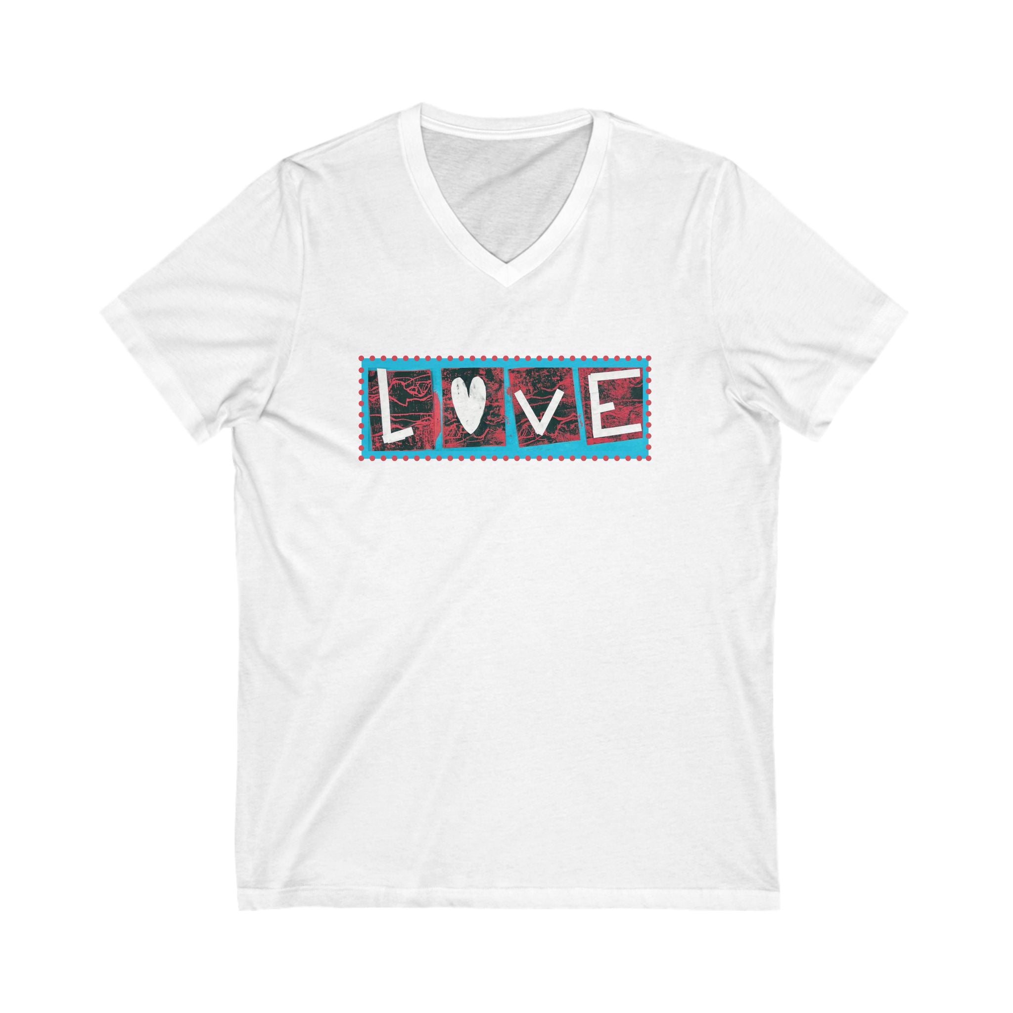 LOVE Patchwork Heart T Shirt, Vibrant & Stylish Graphic Short Sleeve, V Neck Tee