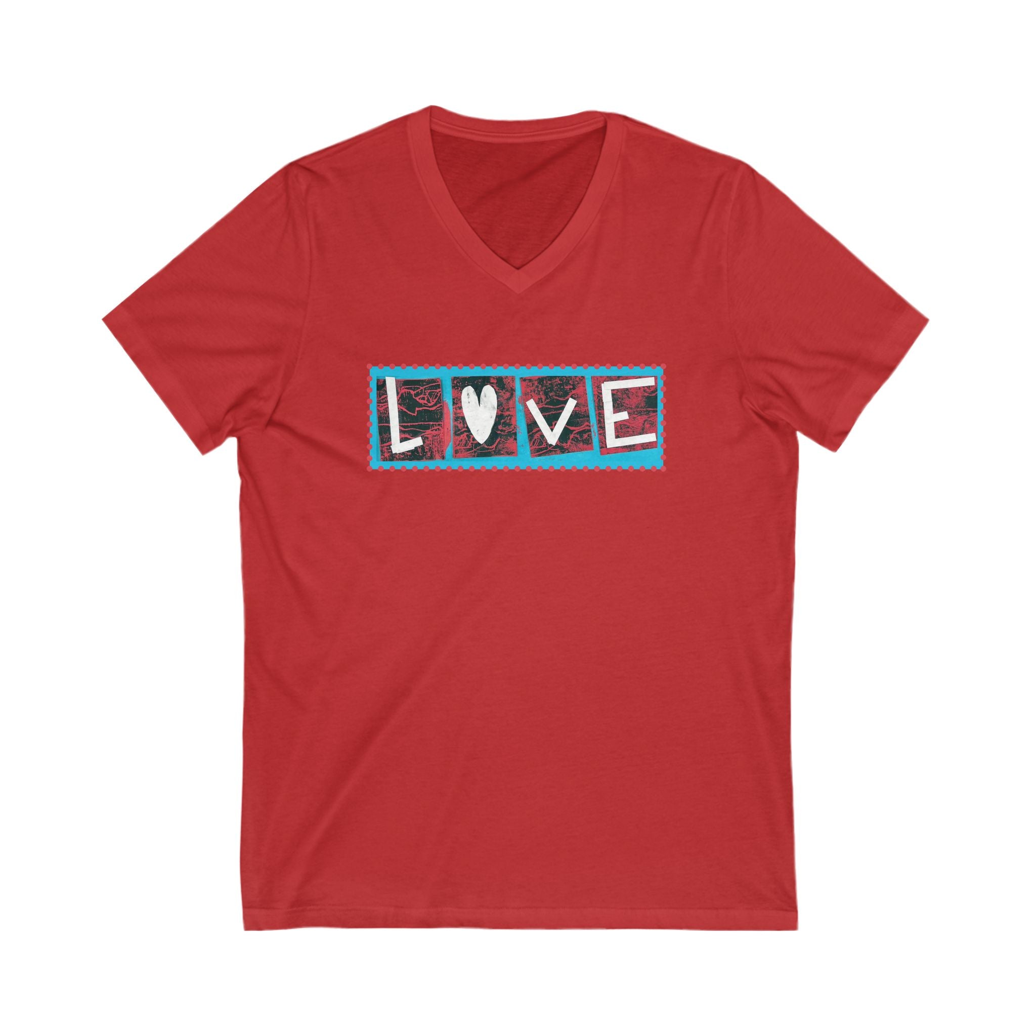 LOVE Patchwork Heart T Shirt, Vibrant & Stylish Graphic Short Sleeve, V Neck Tee