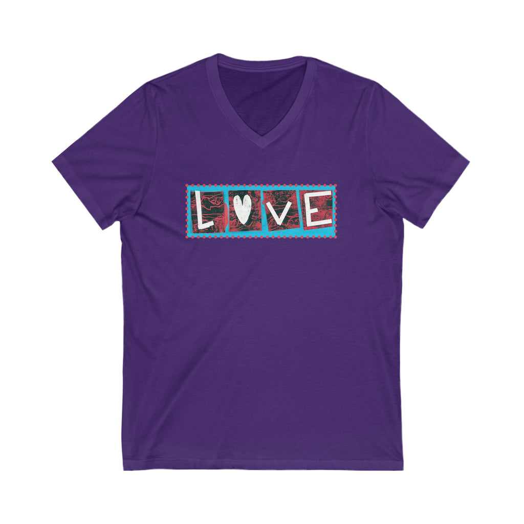 LOVE Patchwork Heart T Shirt, Vibrant & Stylish Graphic Short Sleeve, V Neck Tee