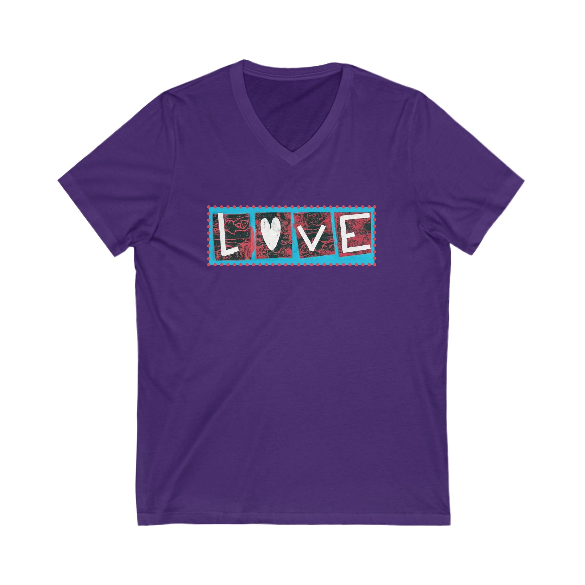 LOVE Patchwork Heart T Shirt, Vibrant & Stylish Graphic Short Sleeve, V Neck Tee