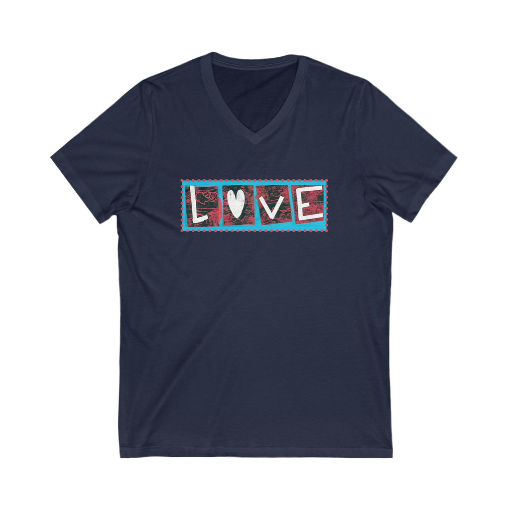 LOVE Patchwork Heart T Shirt, Vibrant & Stylish Graphic Short Sleeve, V Neck Tee