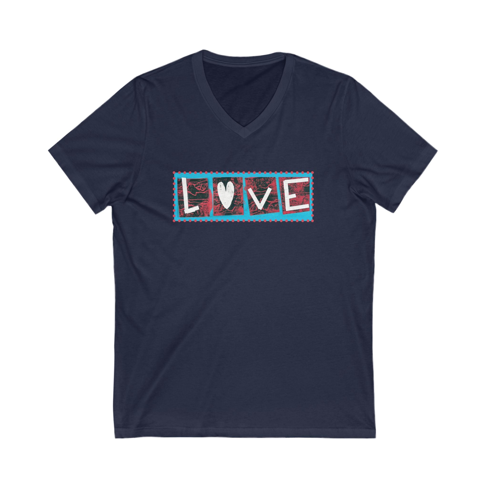 LOVE Patchwork Heart T Shirt, Vibrant & Stylish Graphic Short Sleeve, V Neck Tee