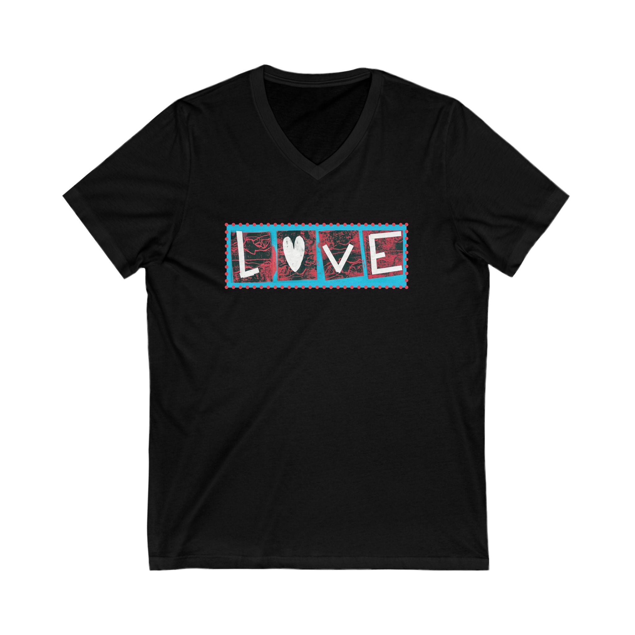 LOVE Patchwork Heart T Shirt, Vibrant & Stylish Graphic Short Sleeve, V Neck Tee
