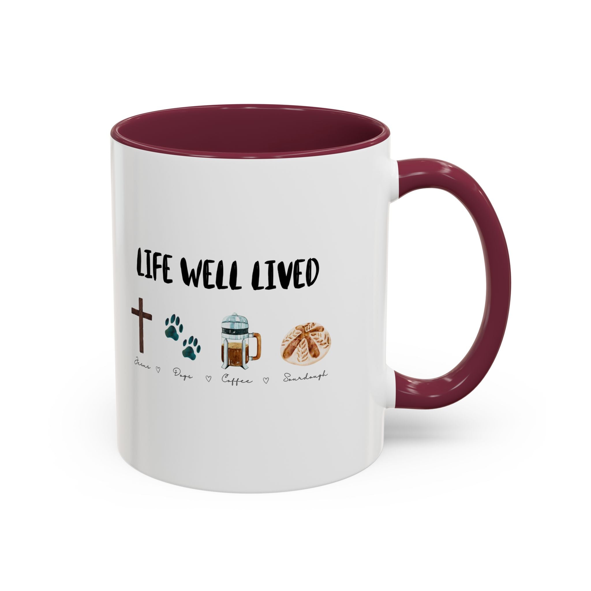 Life Well Lived: Jesus, Dogs, Coffee and Sourdough Bread Ceramic Cup, Colorful 15oz
