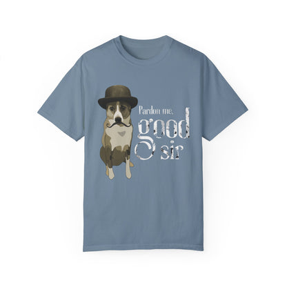 Funny Dog T-shirt, Dog in Bowler Hat, Pardon Me, Good Sir Tee