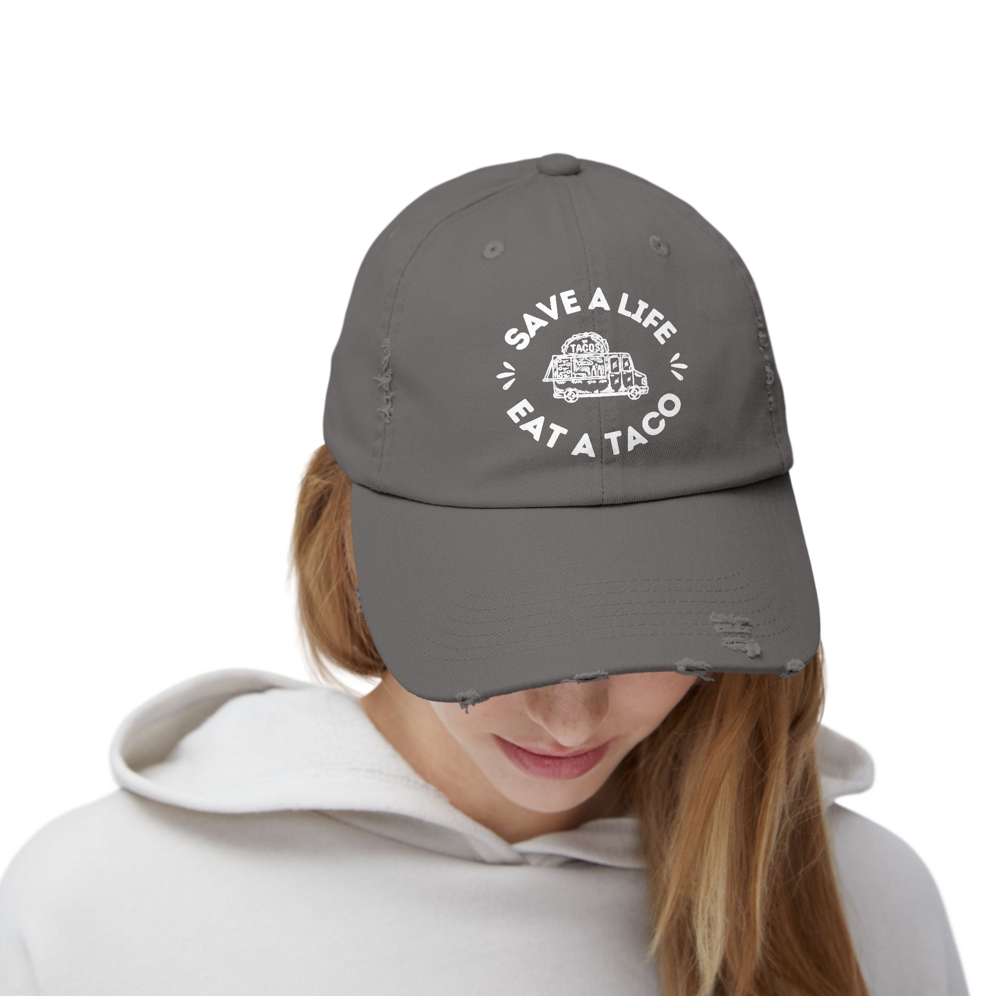 Save a Life Eat a Taco, Distressed Baseball Hat