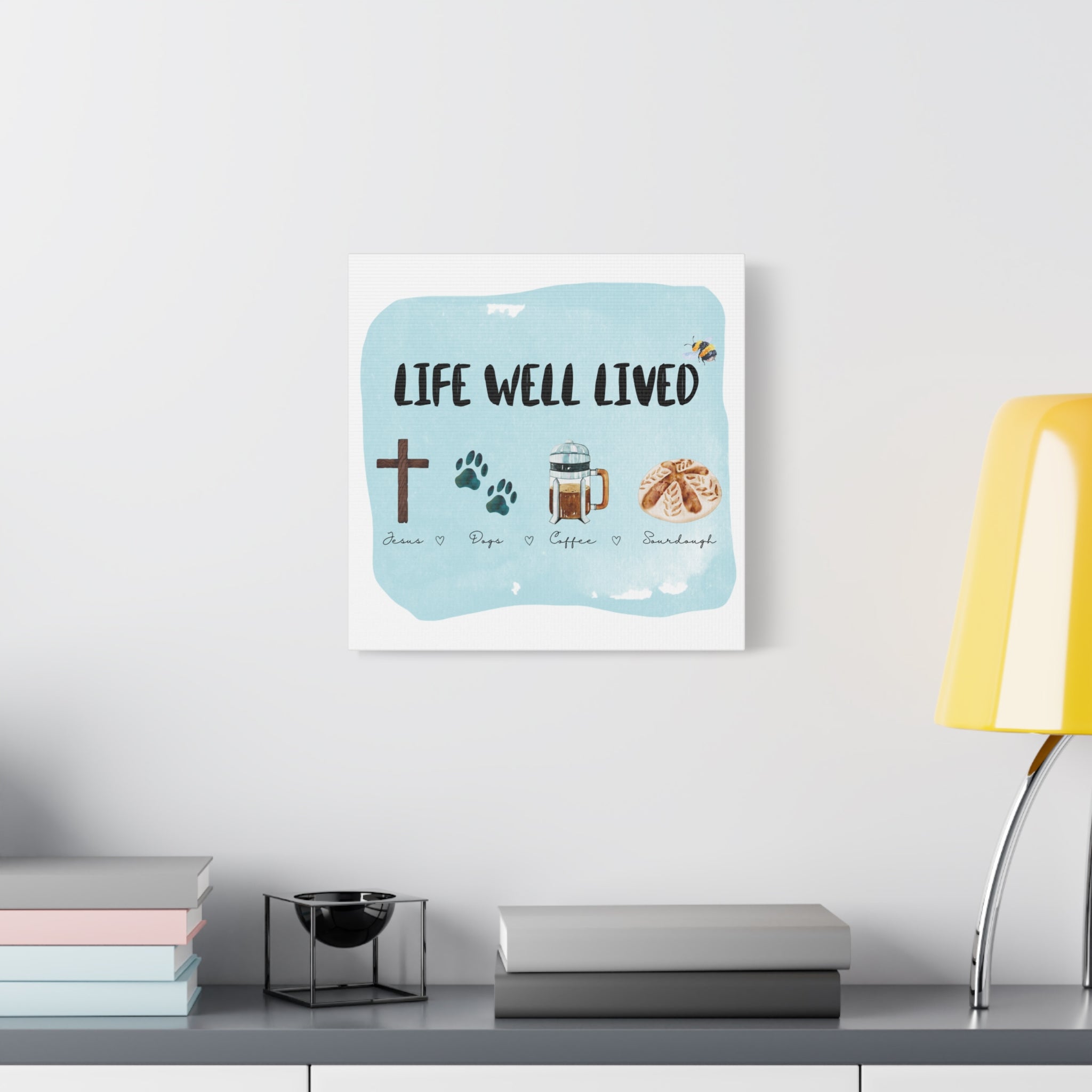 Canvas Wall Art Print 'Life Well Lived' Jesus, Dogs, Coffee, Sourdough, Matte Stretched Decor