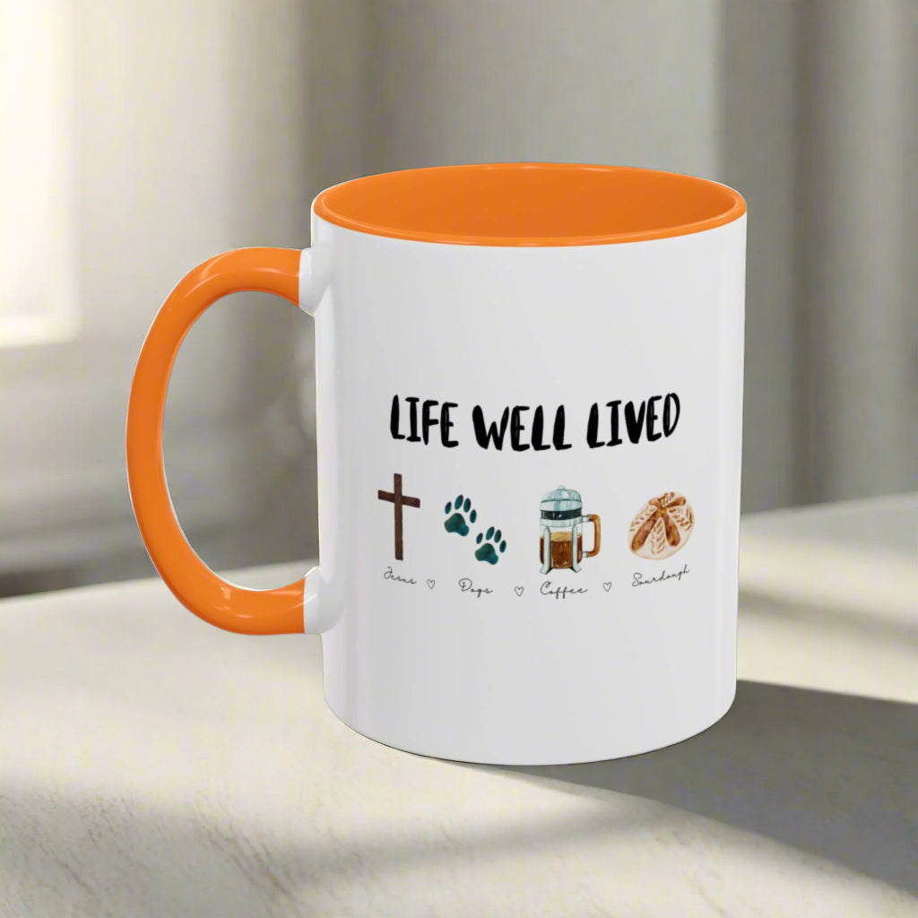 Life Well Lived: Jesus, Dogs, Coffee and Sourdough Bread Ceramic Cup, Colorful 15oz