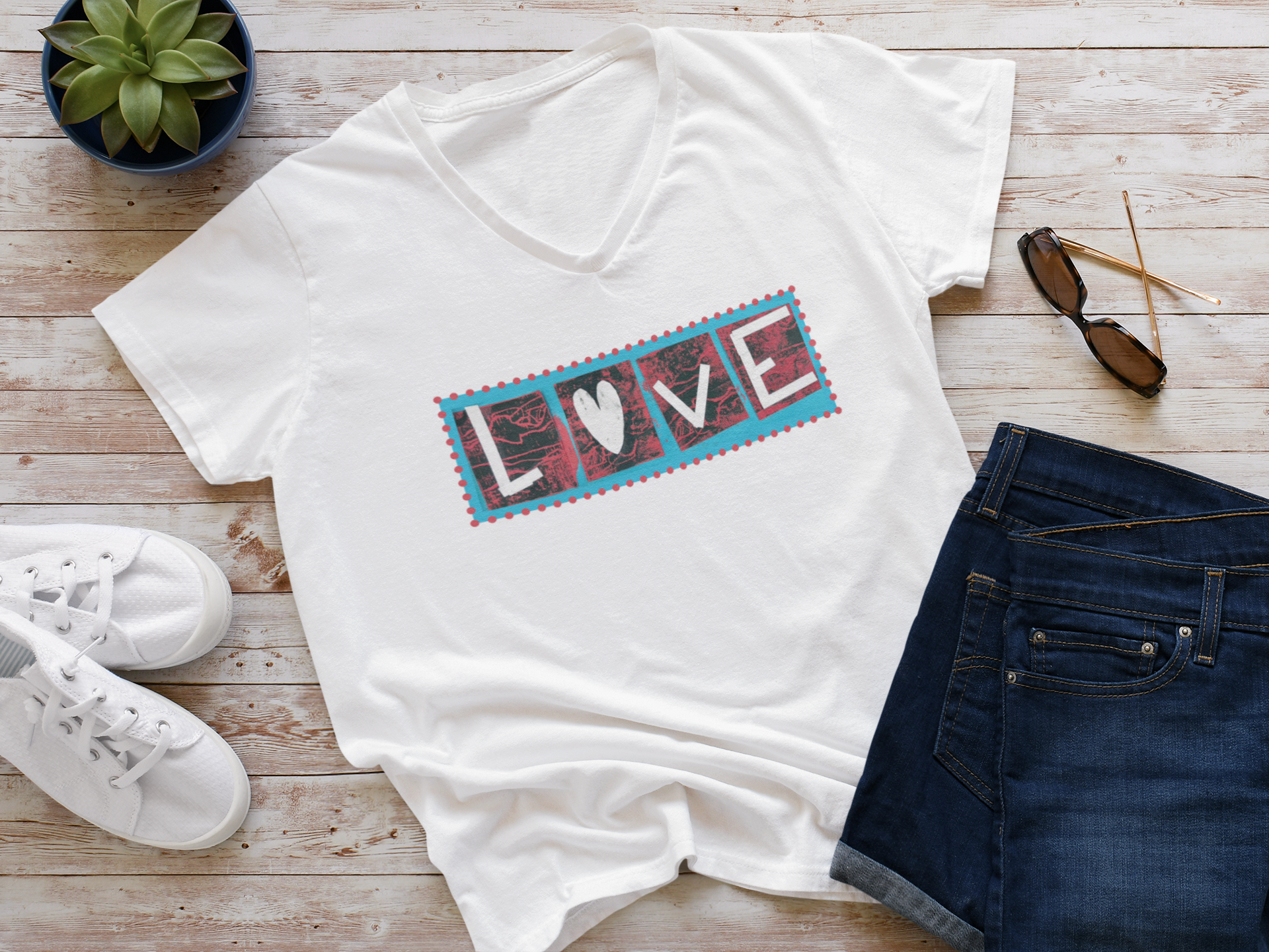 LOVE Patchwork Heart T Shirt, Vibrant & Stylish Graphic Short Sleeve, V Neck Tee