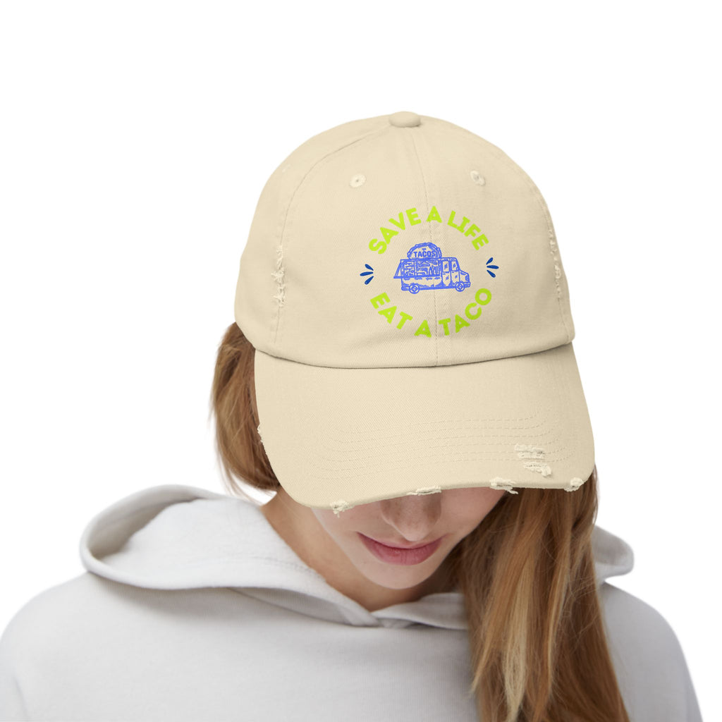 Save a Life Eat a Taco, Distressed Baseball Hat