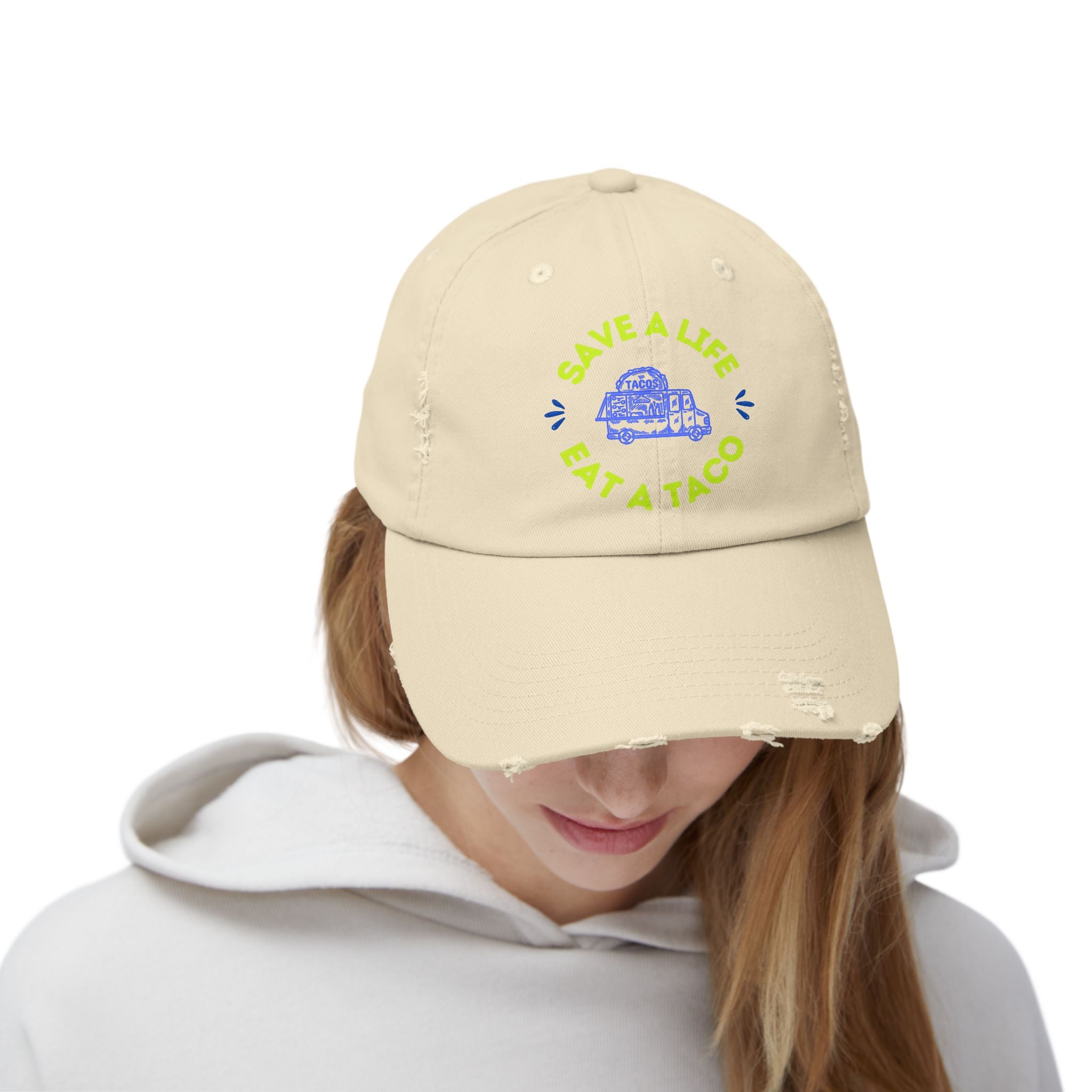 Save a Life Eat a Taco, Distressed Baseball Hat