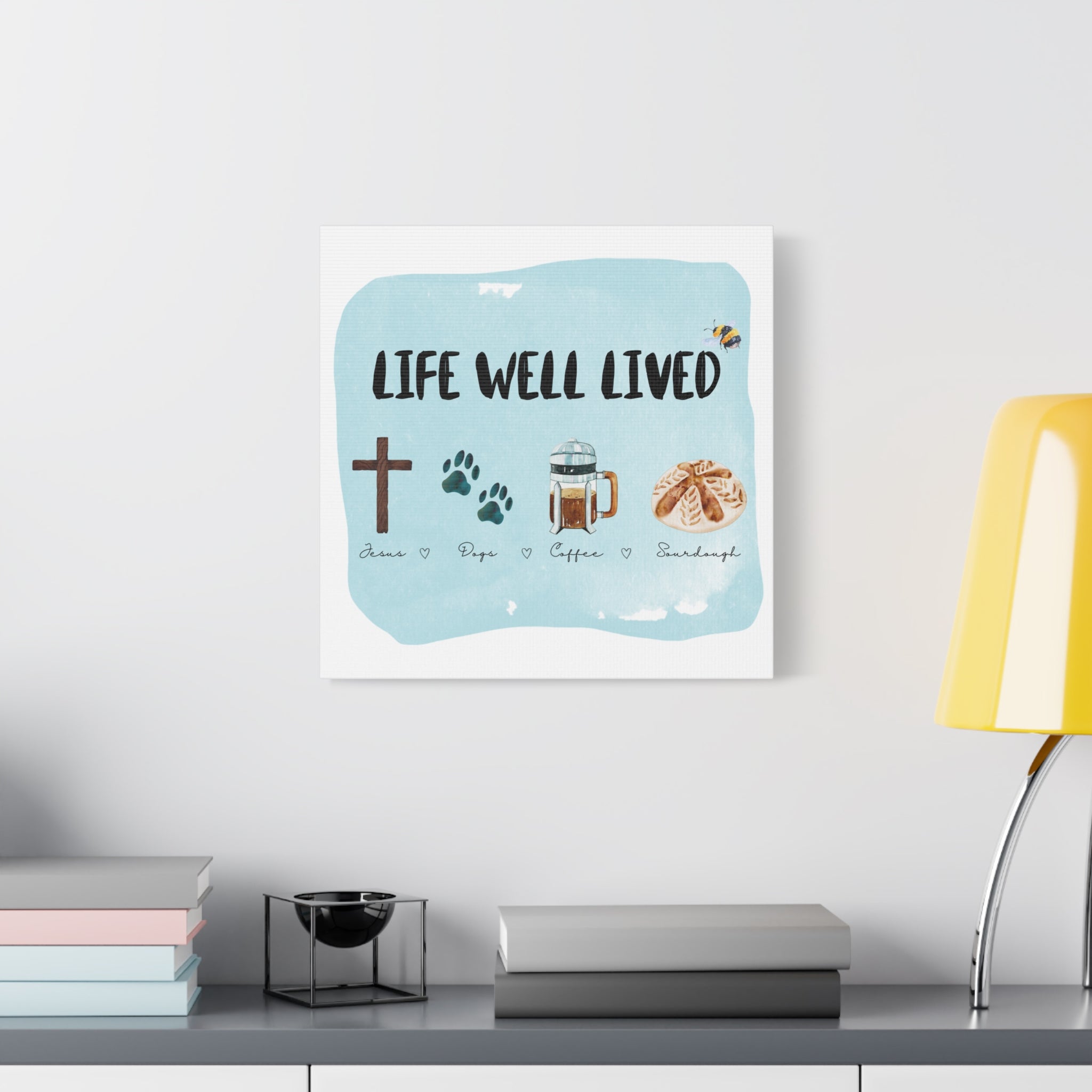 Canvas Wall Art Print 'Life Well Lived' Jesus, Dogs, Coffee, Sourdough, Matte Stretched Decor