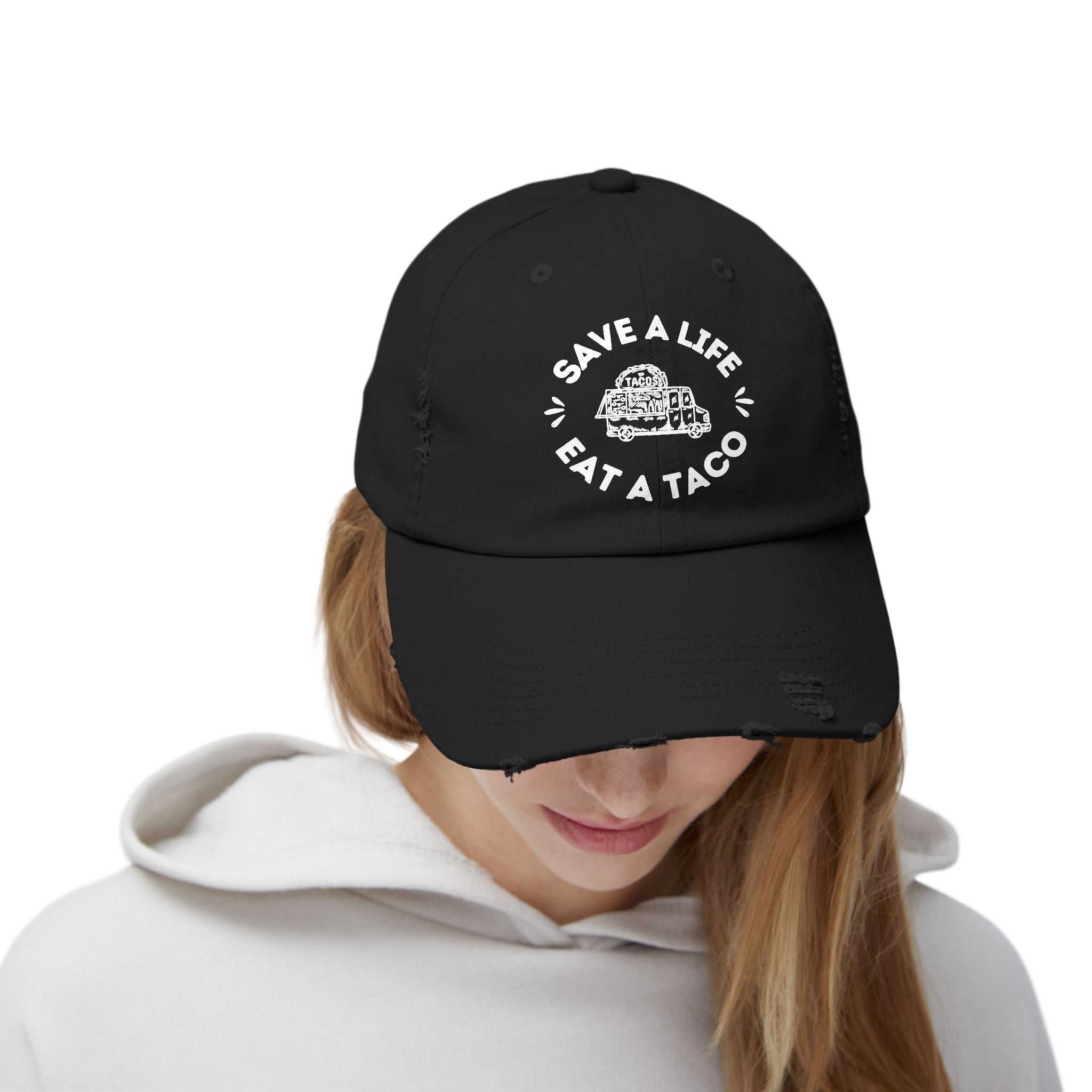 Save a Life Eat a Taco, Distressed Baseball Hat