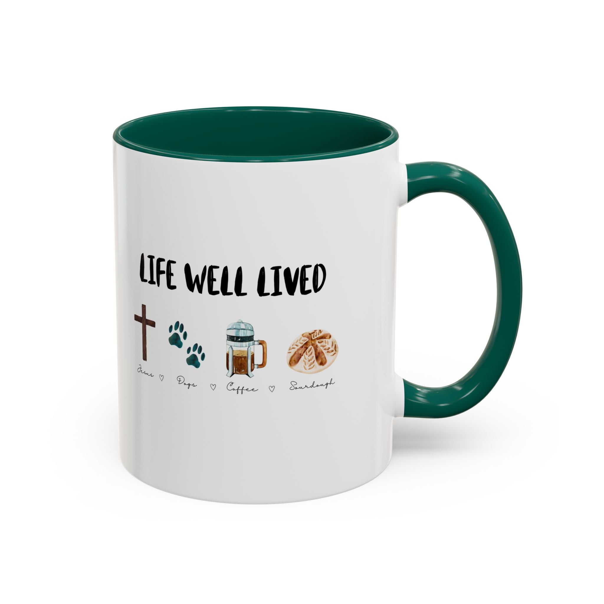 Life Well Lived: Jesus, Dogs, Coffee and Sourdough Bread Ceramic Cup, Colorful 15oz