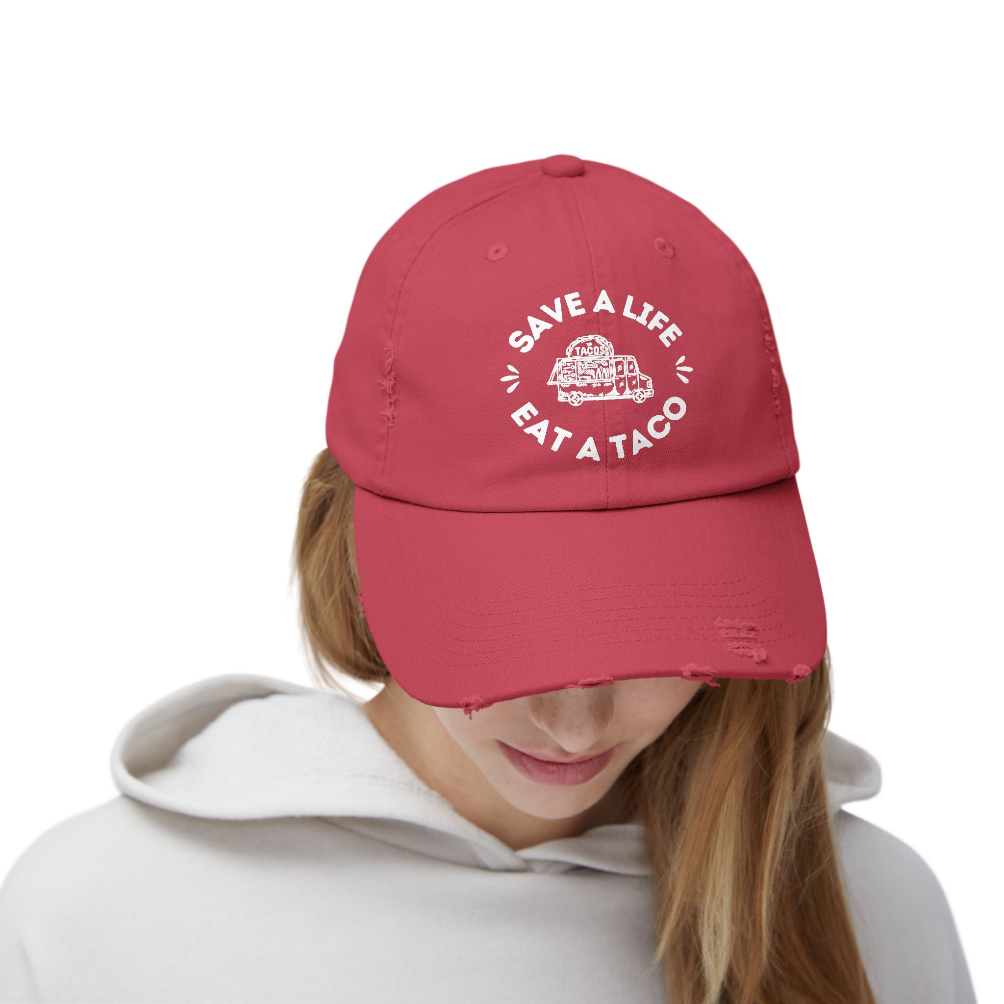 Save a Life Eat a Taco, Distressed Baseball Hat
