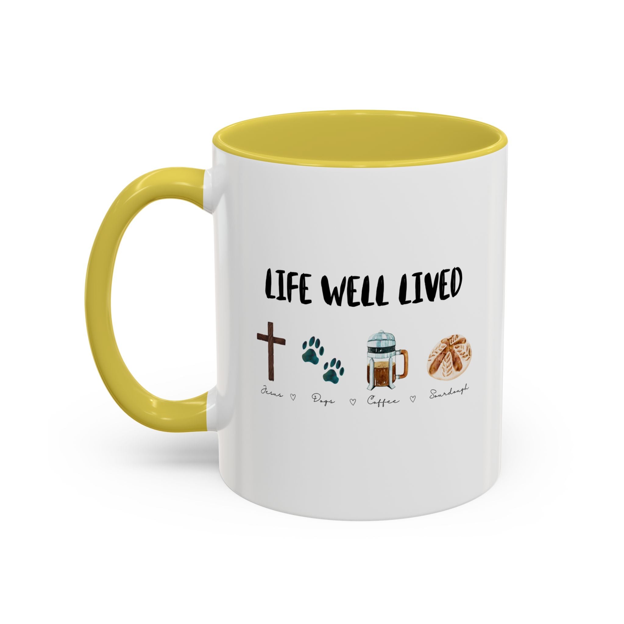 Life Well Lived: Jesus, Dogs, Coffee and Sourdough Bread Ceramic Cup, Colorful 15oz