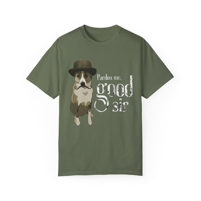 Funny Dog T-shirt, Dog in Bowler Hat, Pardon Me, Good Sir Tee