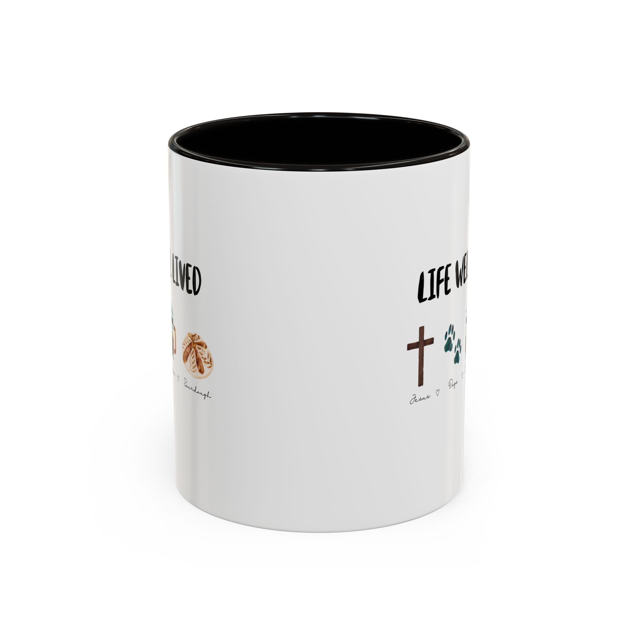 Life Well Lived: Jesus, Dogs, Coffee and Sourdough Bread Ceramic Cup, Colorful 15oz