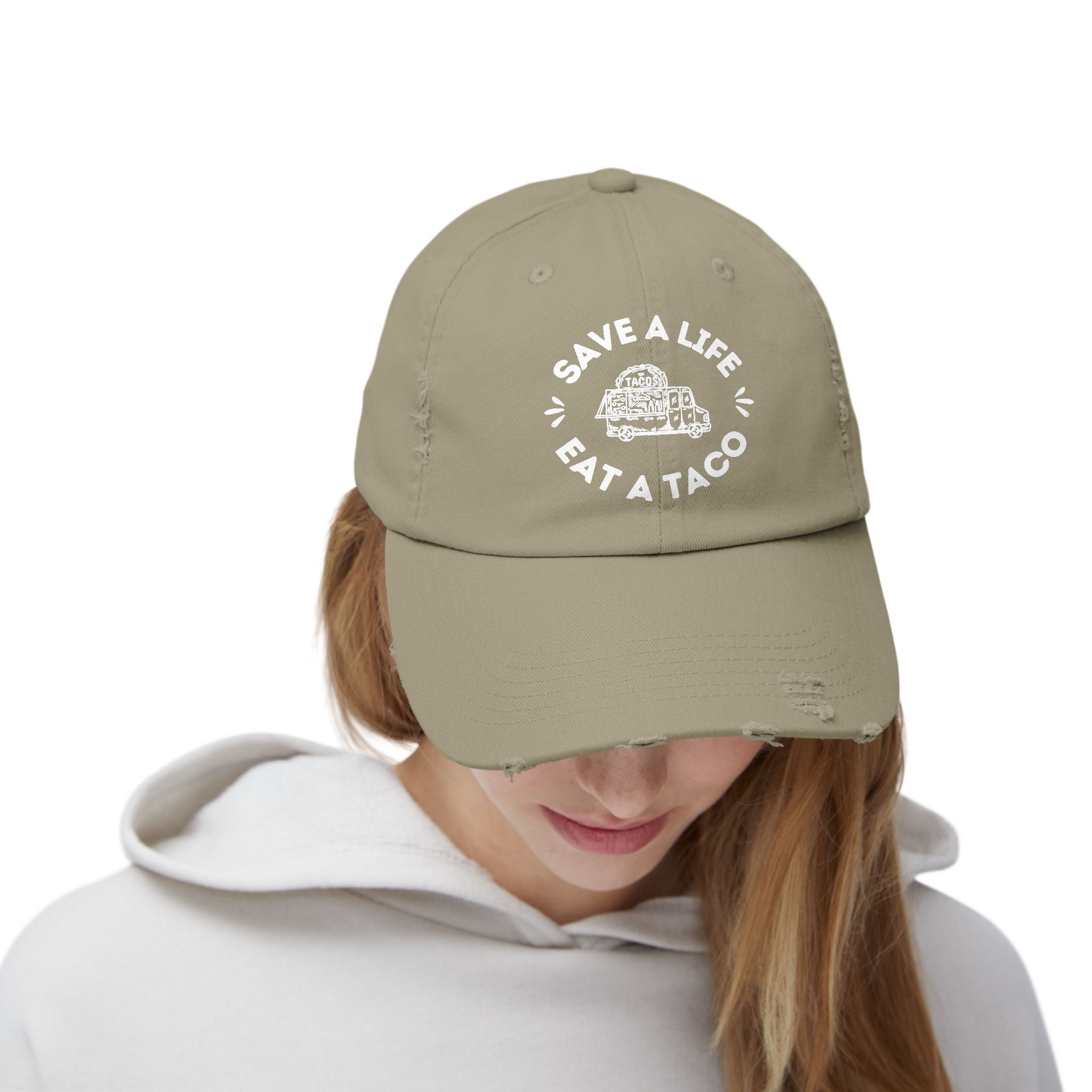 Save a Life Eat a Taco, Distressed Baseball Hat