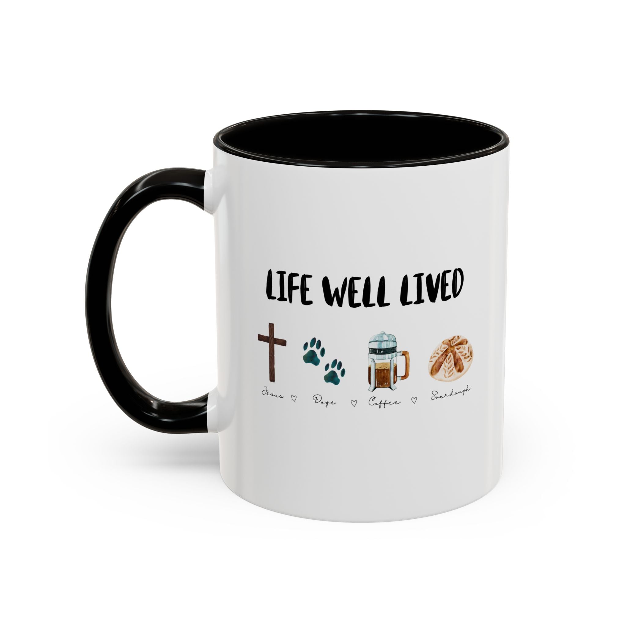 Life Well Lived: Jesus, Dogs, Coffee and Sourdough Bread Ceramic Cup, Colorful 15oz