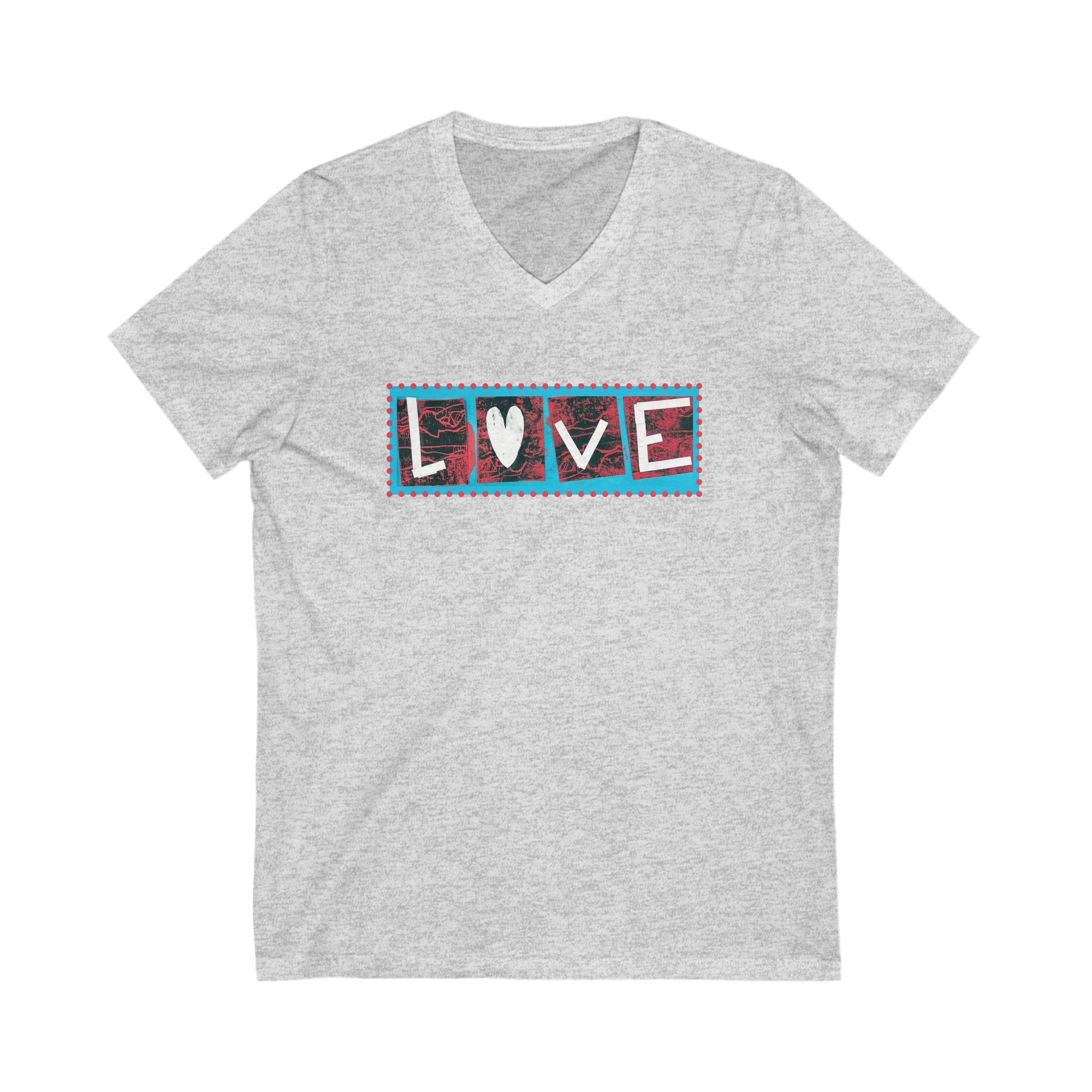 LOVE Patchwork Heart T Shirt, Vibrant & Stylish Graphic Short Sleeve, V Neck Tee
