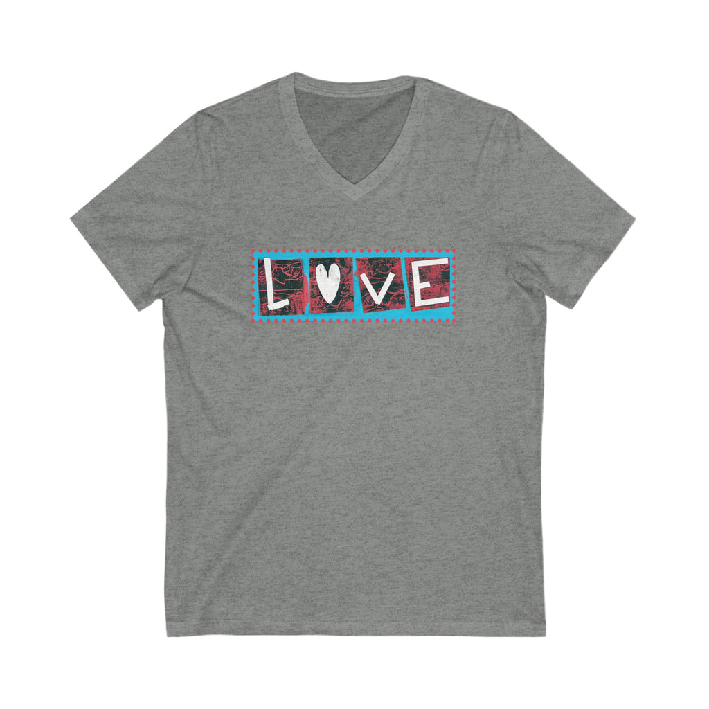 LOVE Patchwork Heart T Shirt, Vibrant & Stylish Graphic Short Sleeve, V Neck Tee
