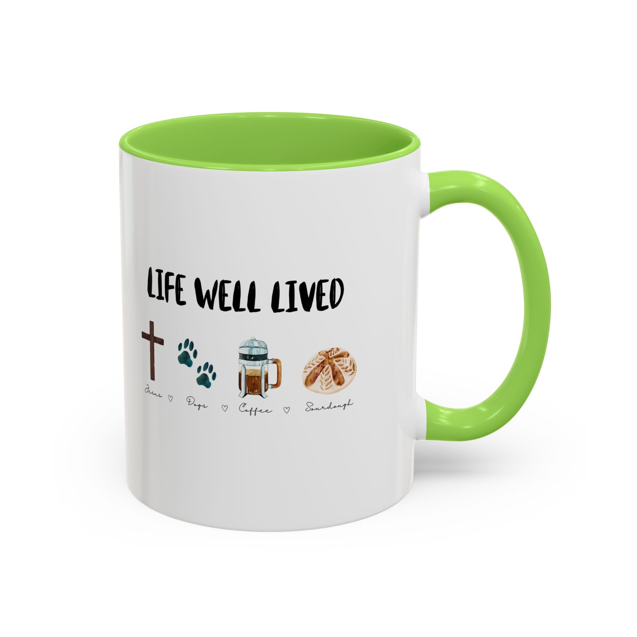 Life Well Lived: Jesus, Dogs, Coffee and Sourdough Bread Ceramic Cup, Colorful 15oz