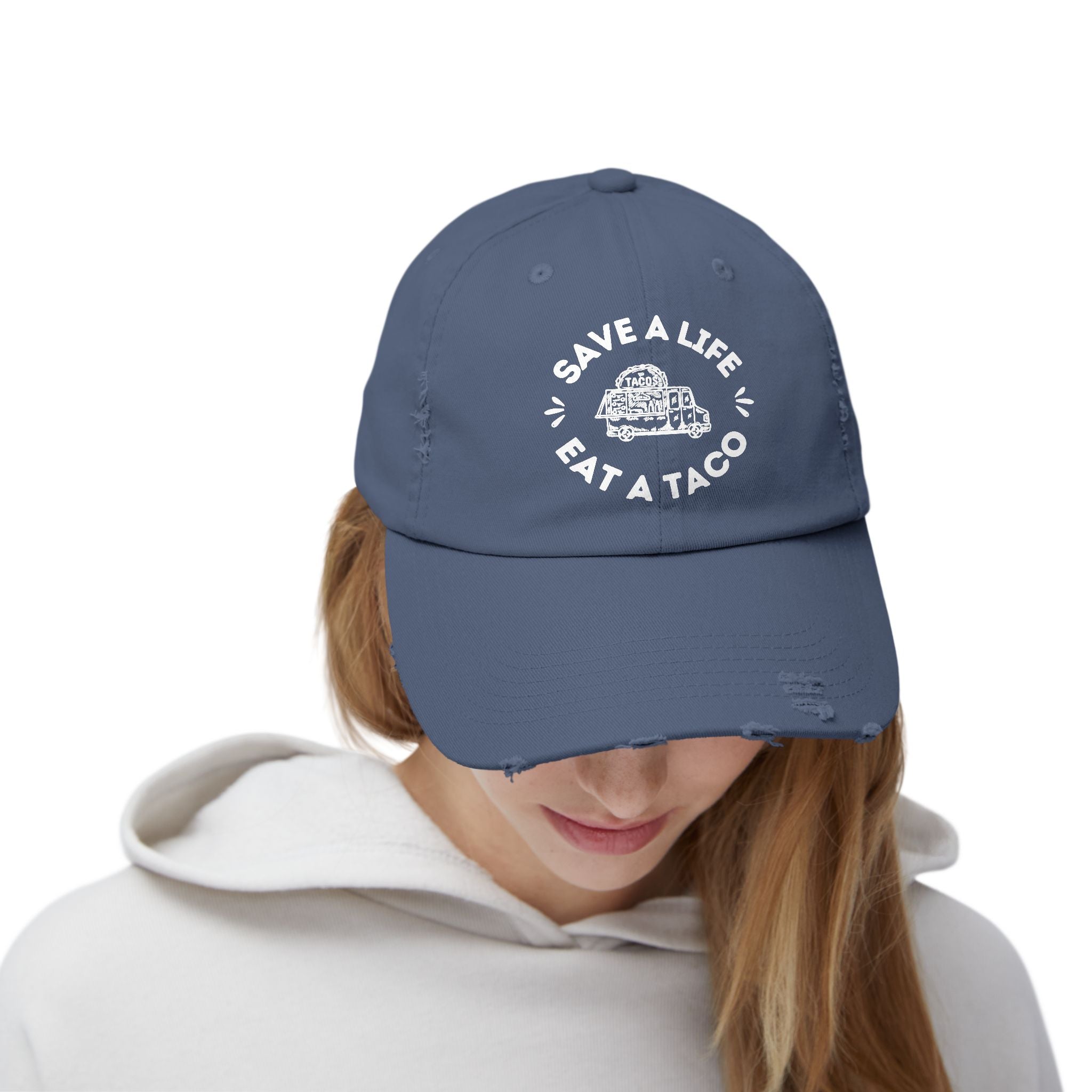 Save a Life Eat a Taco, Distressed Baseball Hat